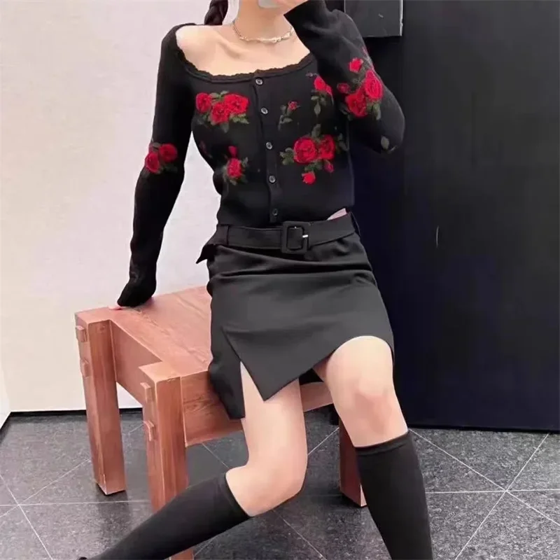 Maillard Jacquard Knitted Cropped Cardigan Women\'s Autumn New French Vintage Lace Rose Flower Square Collar Sweater Short Coat