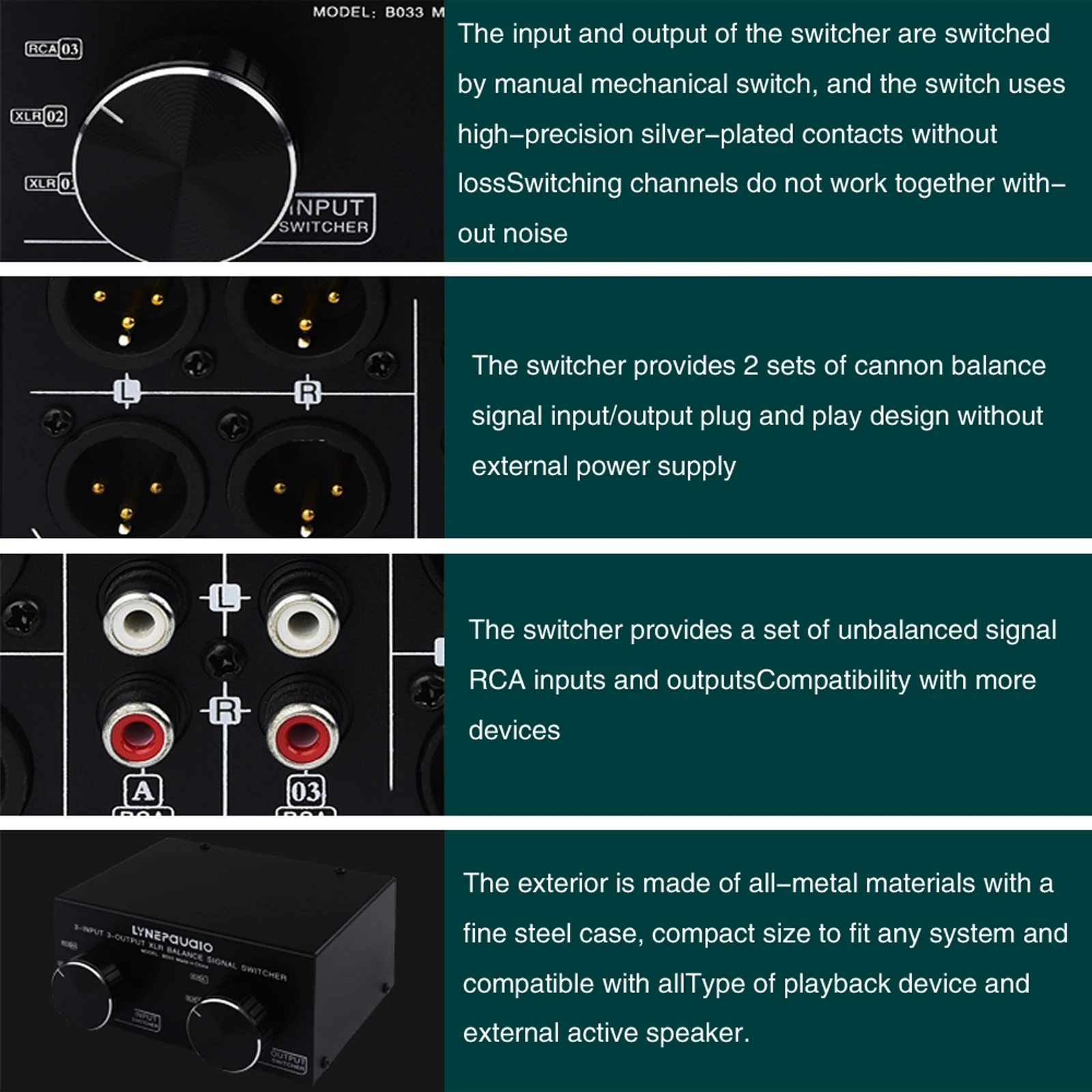 3 ingressi a 3 uscite segnale XLR completamente bilanciato selettore Stereo passivo Switcher/XLR bilanciato a convertitore Audio RCA sbilanciato