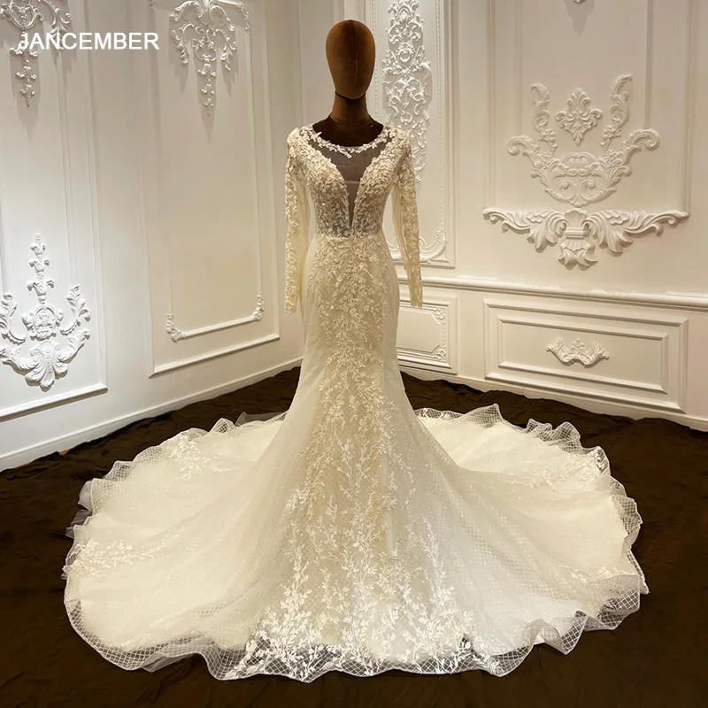 

Jancember Exquisite Luxury Wedding Dresses For Women 2024 With Embroidery Bride Sweep Train Mermaid Full Sleeves robe de marie