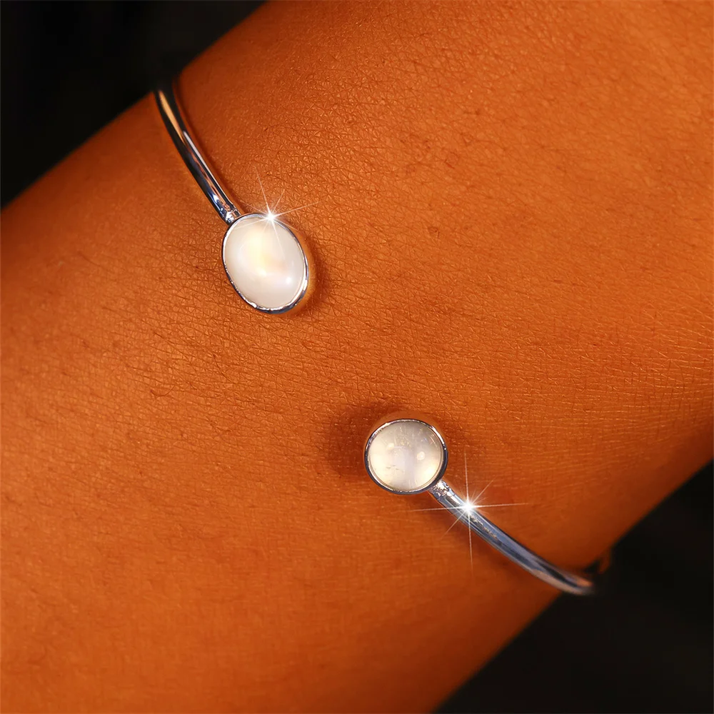 

Geometric Small Round Moonstone Opening Bangle Oval Stone Bracelets For Women Real 925 Sterling Silver Wedding Jewelry