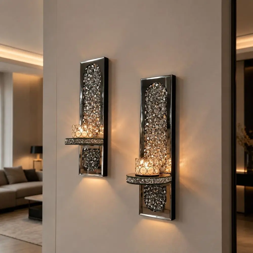 Crystal Mirror Wall Candle Holder Set, Gold Silver Wall Sconce Decor For Living Room No Power Source, No Candles. No Power Sour