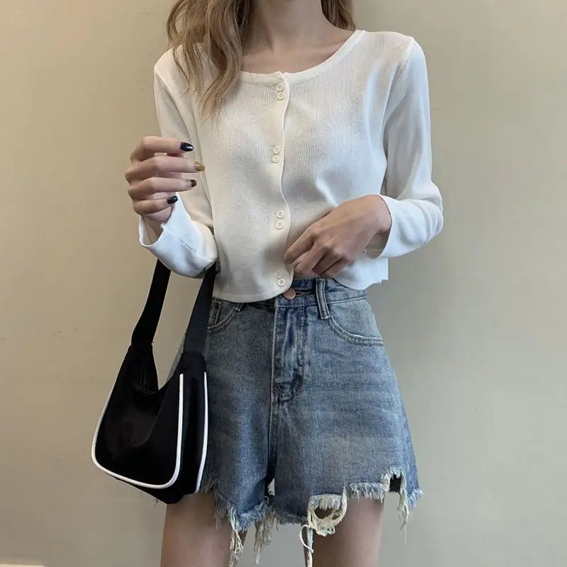 New Spring Summer Refreshing Comfortable Tender Thin Ice Silk Knitted Cardigan Women's Jacket Long-sleeved Purple Short Top