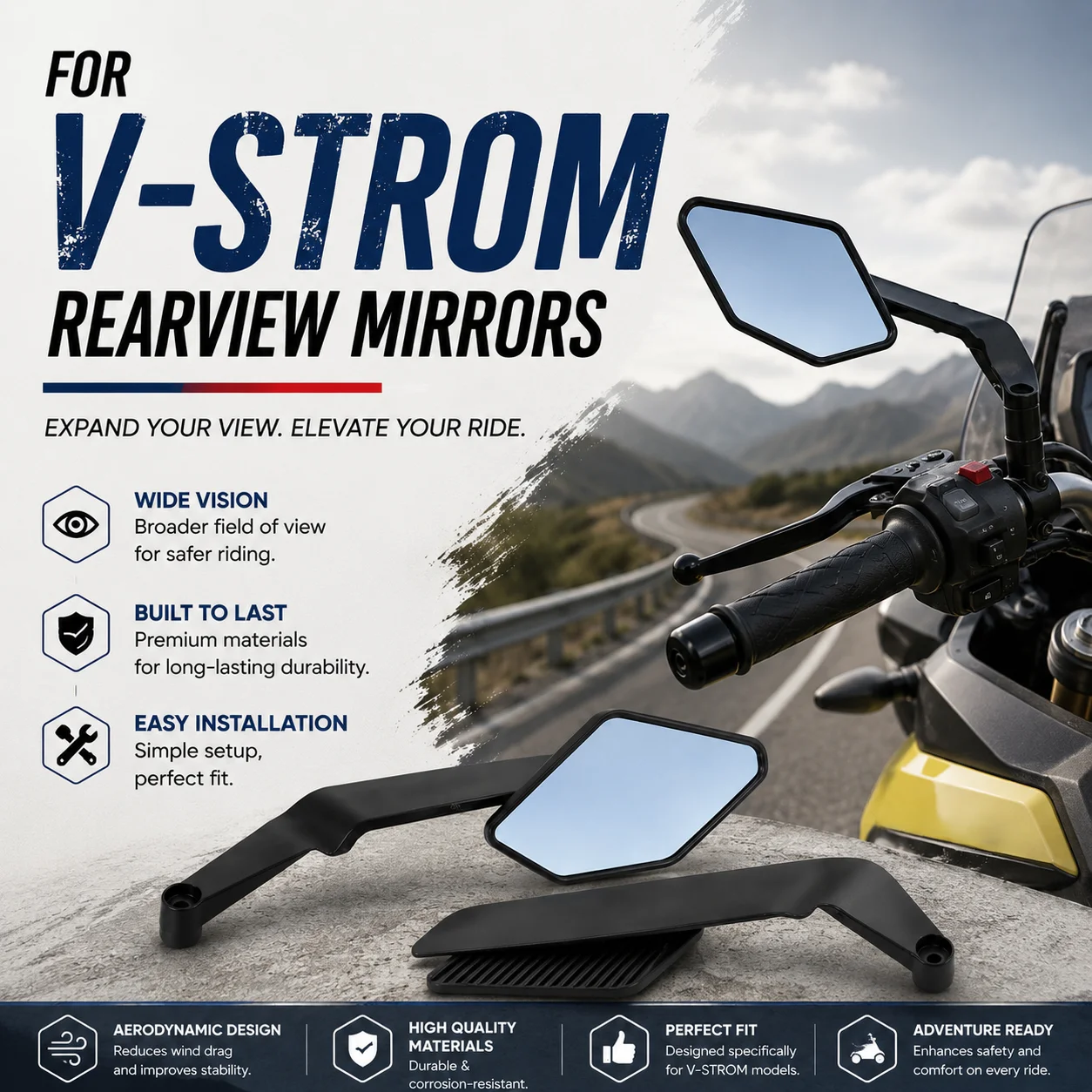 Aerodynamic Winglet Rearview Mirrors Fairing Mount Side Mirror For V‑STROM 250 650 800 1050 Motorcycle Mod Parts