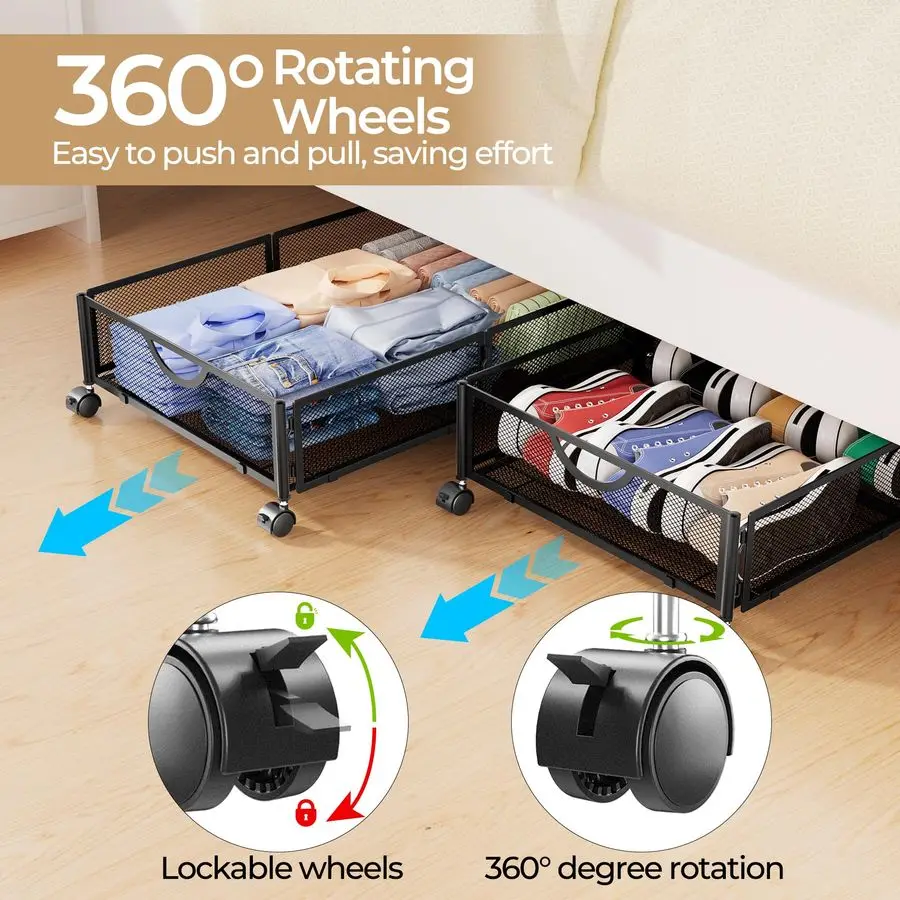 Armazenamento sob a cama com rodas, 2 pacotes sob a gaveta organizadora de armazenamento de sapatos da cama, montagem sem ferramentas, armazenamento sob a cama de metal