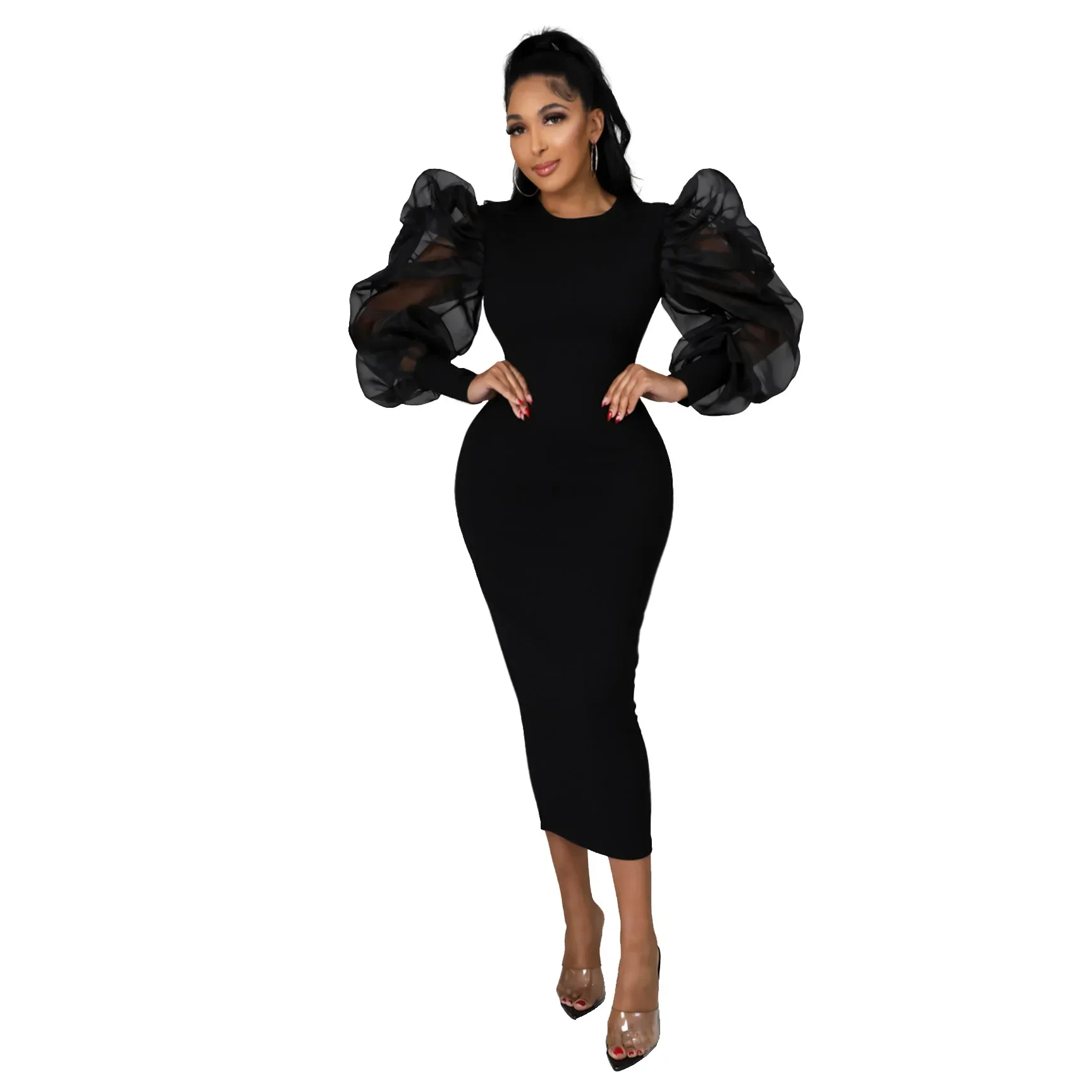 African Clothing Elegant African Dresses For Women Autumn African Long Sleeve O-neck Polyester Long Bodycon Dress Maxi Dress