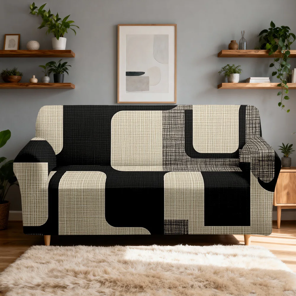 1pc Mid Century Modern Abstract Geometric Print Stretch Sofa Cover, Linen Texture Black Beige Couch Slipcover for Home Decor