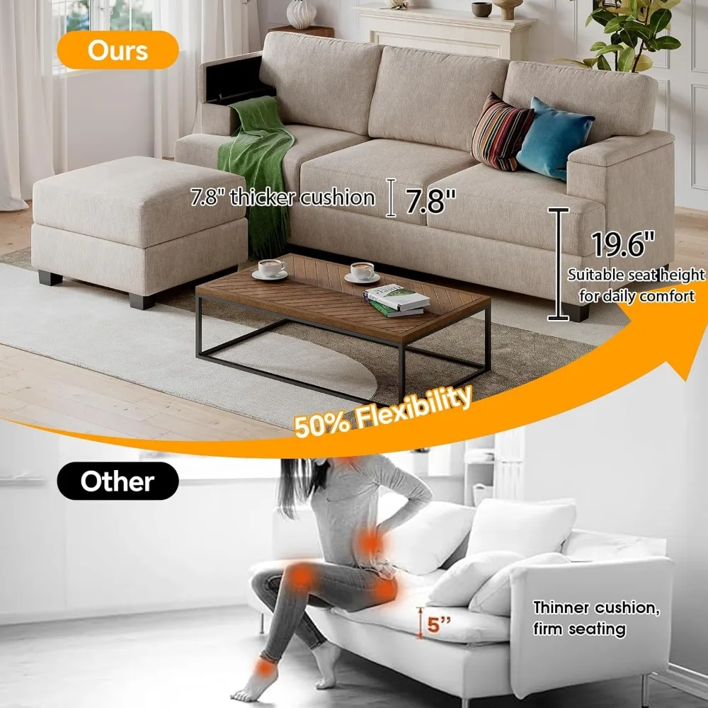 Canapé en forme de L de 85 pouces avec, canapés 3 places avec pouf mobile, canapé sectionnel confortable avec coussin épais, Chenille S