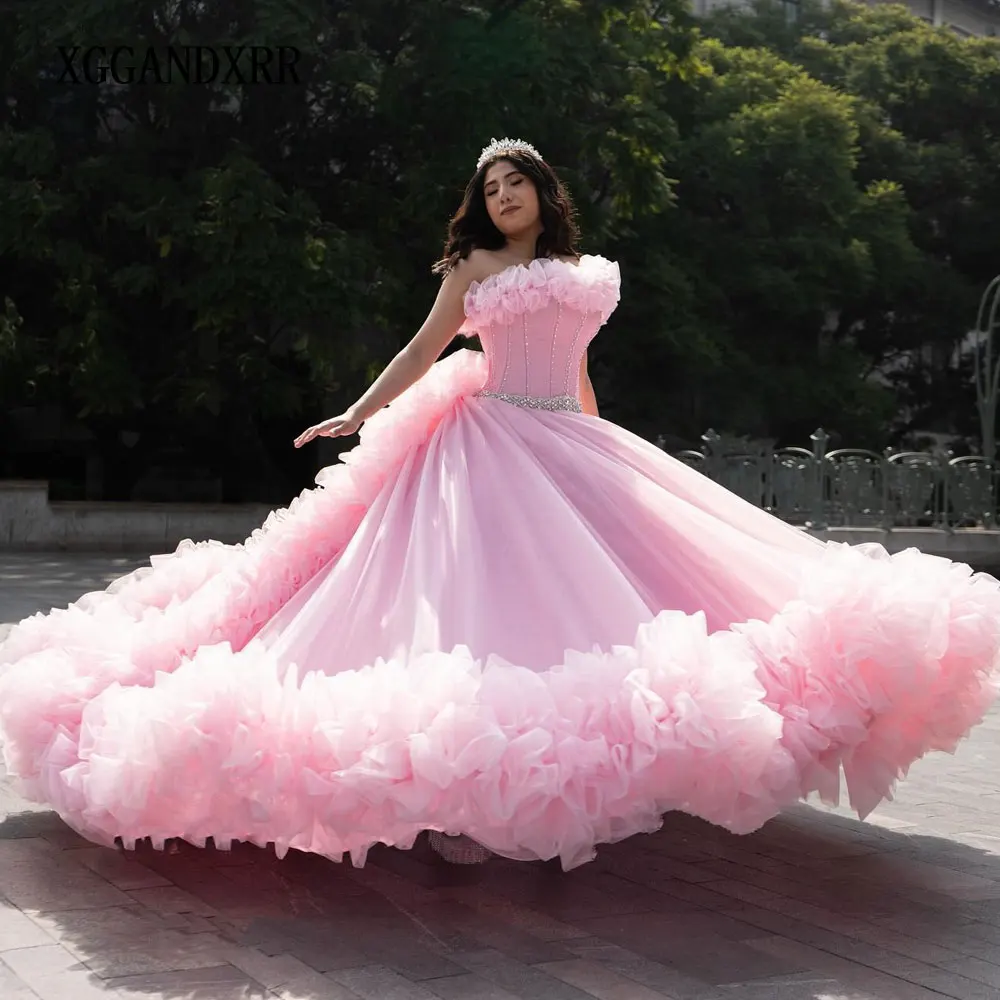 

Customized Pink Quinceanera Dress 2025 Strapless Ruffle Pleats Vestidos De 15 Beading Belt Girls Birthday Party Pageant Gown