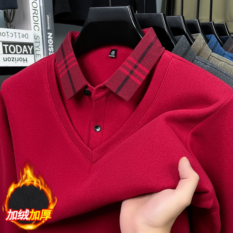 2025 جديد وهمية قطعتين سترة الرجال الشتاء أفخم سميكة قميص طوق جديد دافئ محبوك أسفل رداء علوي من الصوف #6