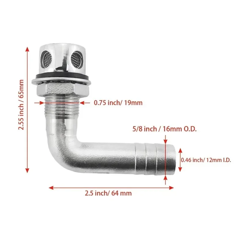 16mm Curved Hole Stainless Steel 316 Precision Casting 90 Degree Boat Fuel Tank Thru Hull Vent Marine Fuel Breather Vent