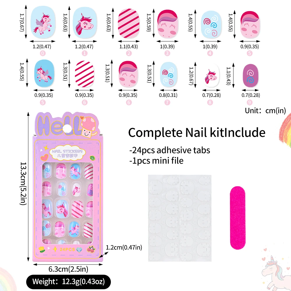 24pcs/box Kids False Nails Cartoon Full Cover Press On Fake Nail 6-14Years 5D Candy Cartoon Children\'s Nail DIY Xmas Girl Gift