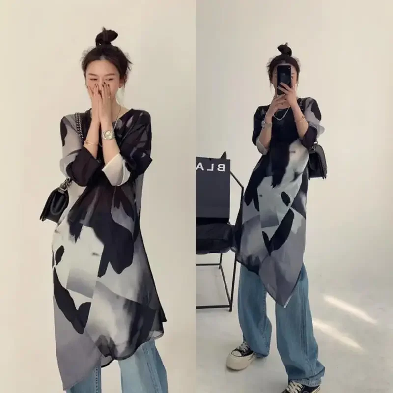 Chemisier imprimé géométrique pour femmes, chemise en mousseline de soie à manches longues, décontracté, Y2k, hauts asymétriques, nouvelle collection été