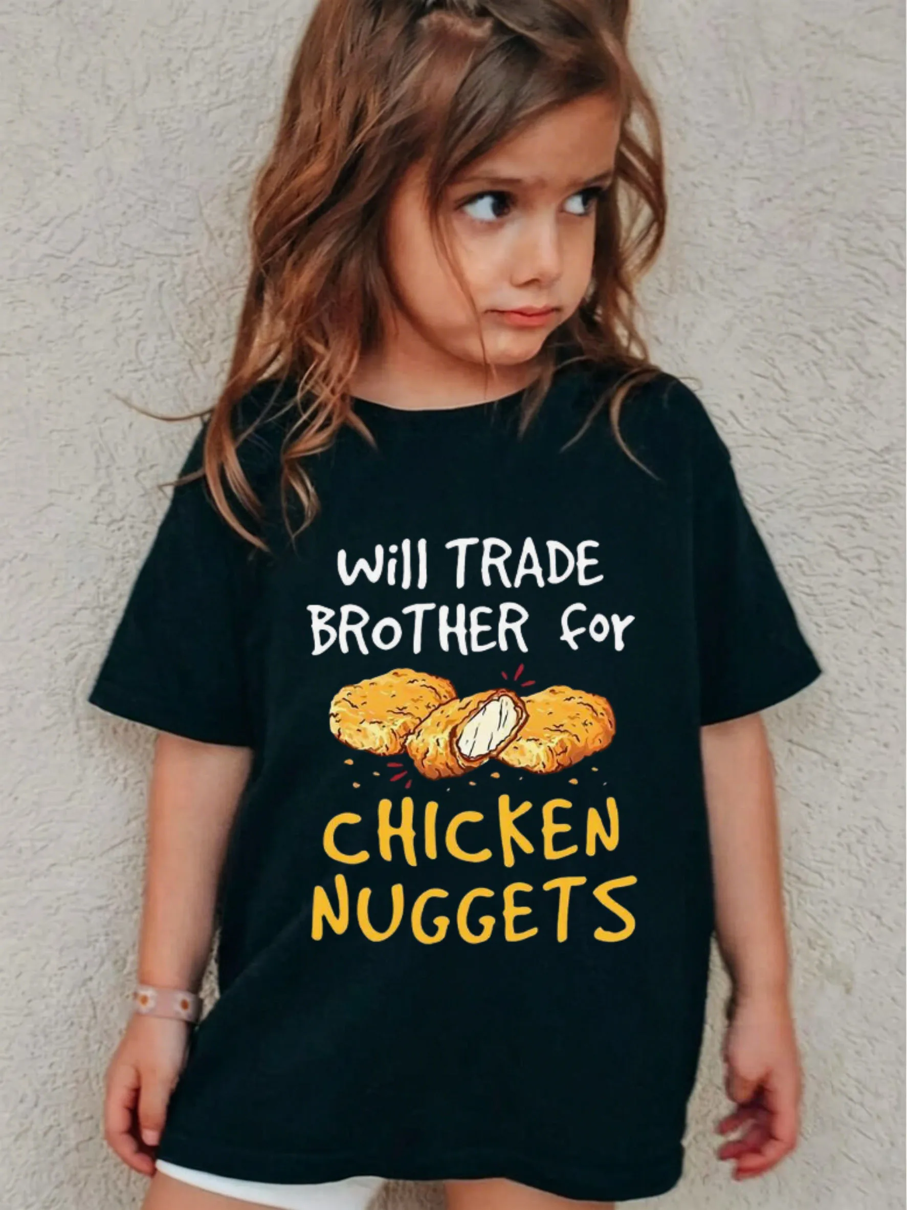 Funny Sibling Themed Kids T-Shirt, Hand-Painted Chicken Nuggets Print, Girls Casual Crew Neck Short Sleeve