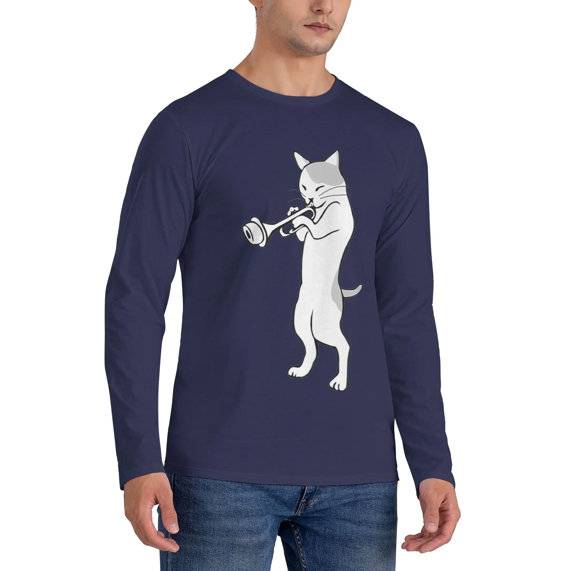 

Cat Trumpet Player Straight Mute Wah Мужская футболка с длинными рукавами Модные футболки с круглым вырезом Весенние и осенние мужские топы