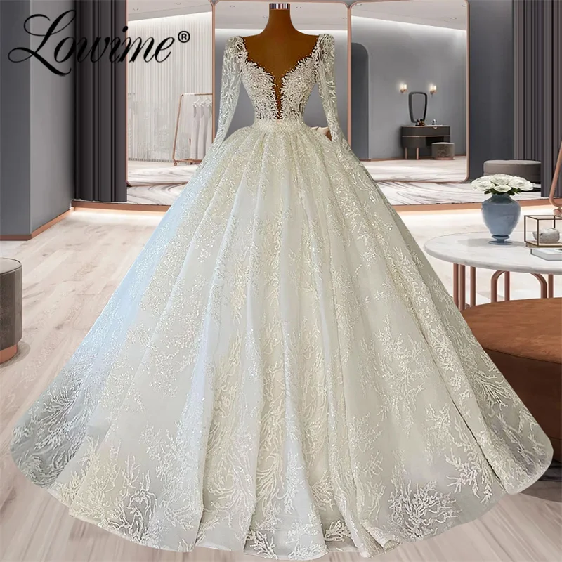 Lowime Muslim White Puff Sleeve Wedding Dresses 2023 Long Beaded Sweetheart A-Line Arabic Bridal Gowns Custom Made Bride Dresses