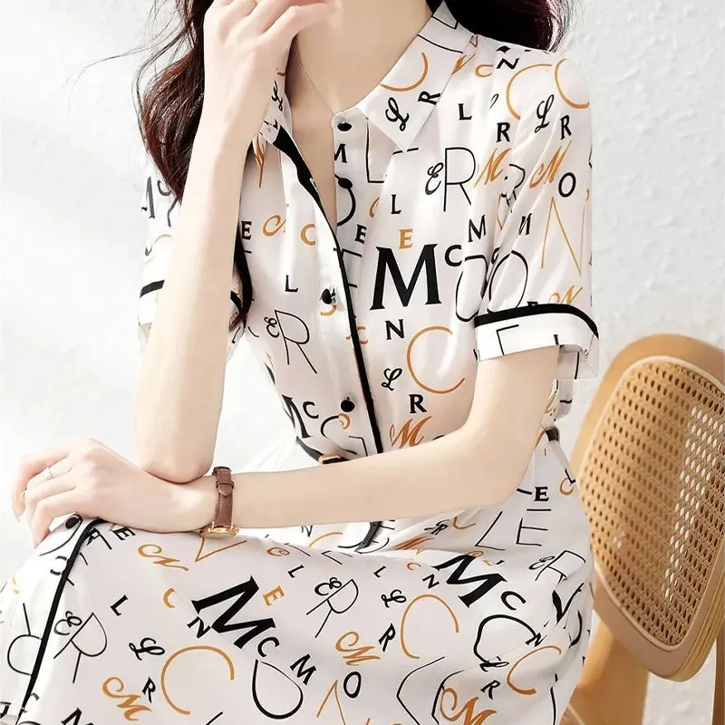 Female Clothing Letter Printed Dresses Stylish Sashes A-Line Summer New Commute Short Sleeve Spliced Casual Polo-Neck Midi Dress