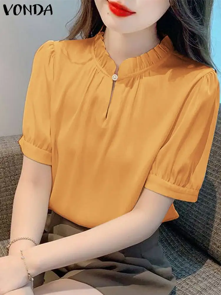 Women Summer Blouses 2024 Fashion Tops VONDA Short Puff Sleeve Stand Collar Ruffled Shirts Casual Loose Elegant Office Blusas