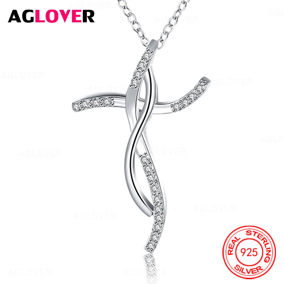 

AGLOVER 925 Sterling Silver Double Twisted Zircon Cross Pendant Necklace Unique Gift Versatile Party Jewelry