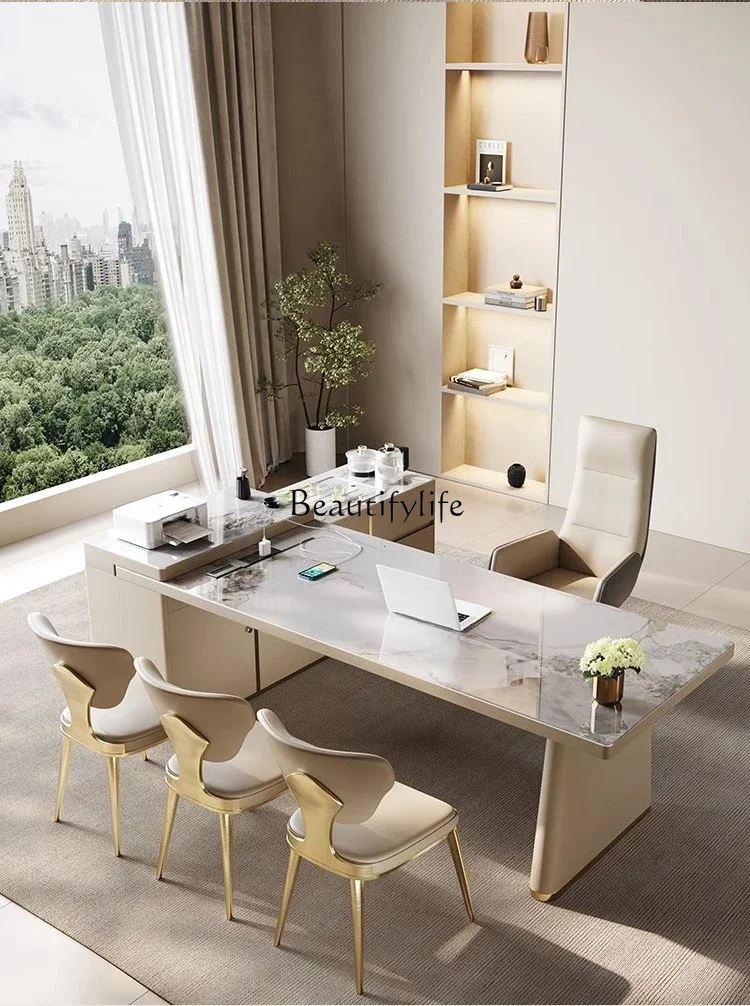 FG*Desk light luxury high-end sense L-shaped rock slab computer desk with tea table integrated
