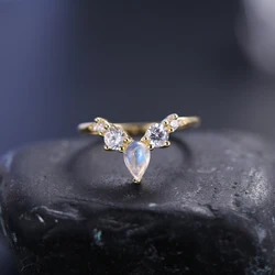 GEM'S BALLET June Birthstone Natural Rainbow Moonstone Wedding Band Rings 925 Sterling Silver V Shape Chevron Gold Ring