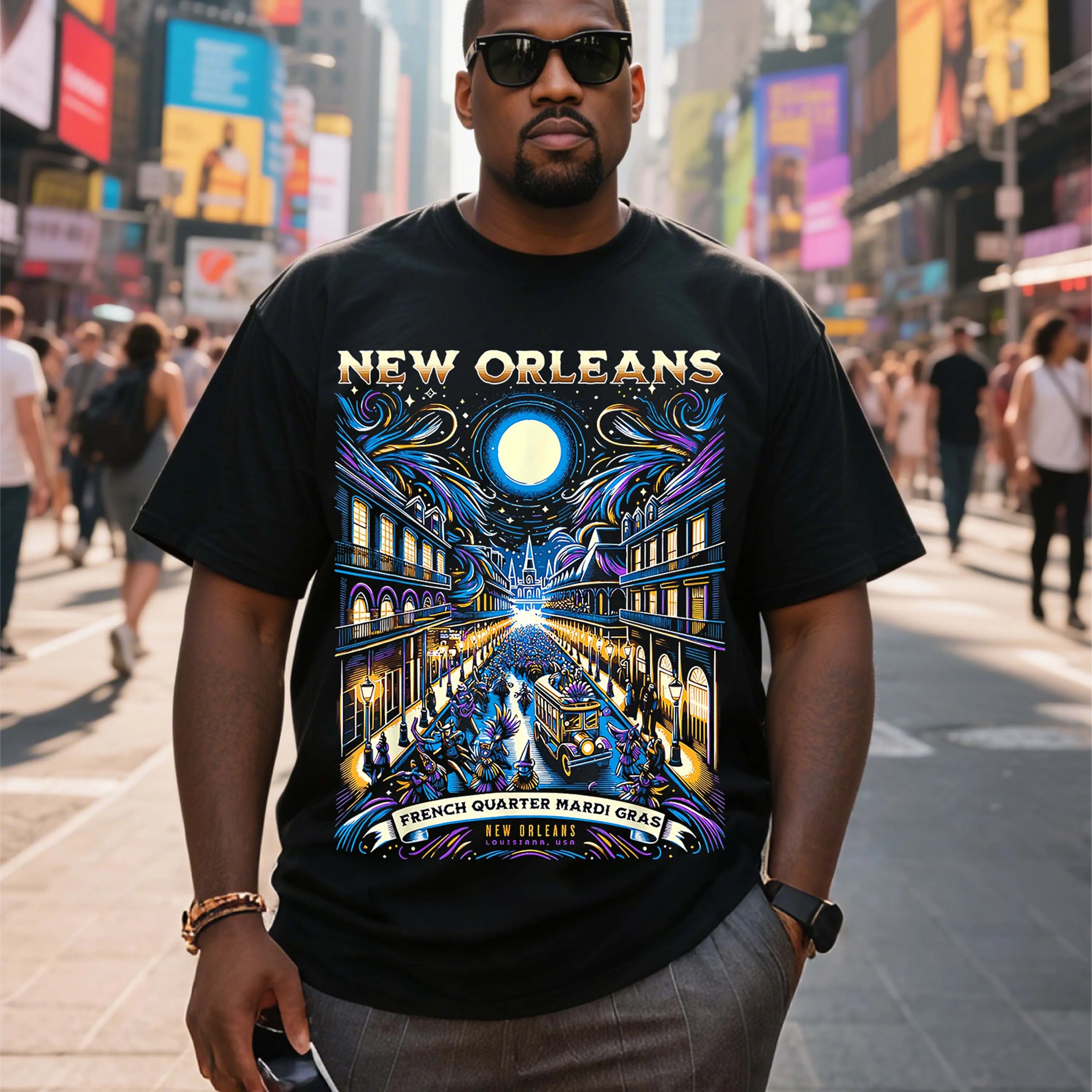 Camiseta de algodón negra de talla grande con patrón de Mardi Gras de Nueva Orleans adecuada para ropa de ocio al aire libre en verano