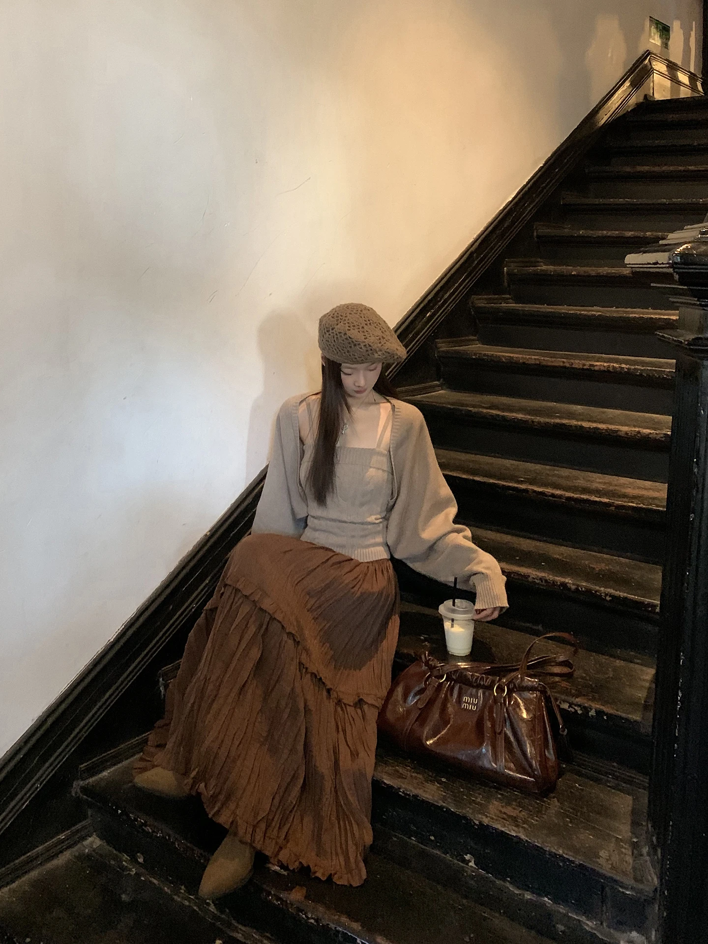 

Stunning Long A-Line Skirt Women's Autumn Winter Coffee Cake Skirt Beautiful adient Color Linen Nylon Viscose Blend