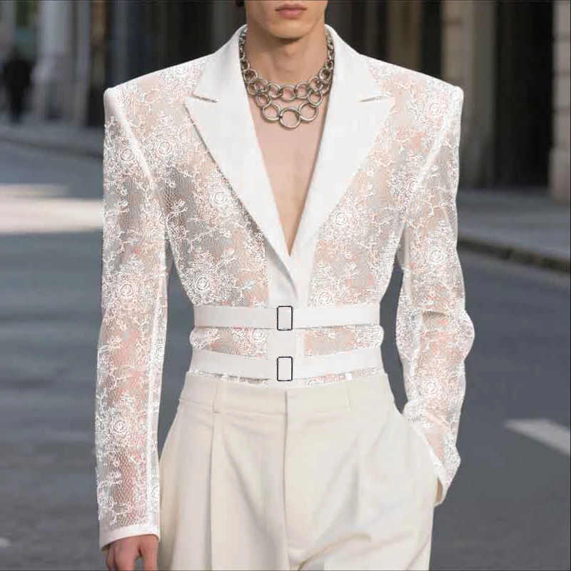 

INCERUN мужской пиджак кружевной лоскутный прозрачный мужской костюм с лацканами и длинными рукавами уличная одежда 2025 модный тонкий пиджак унисекс S-5XL