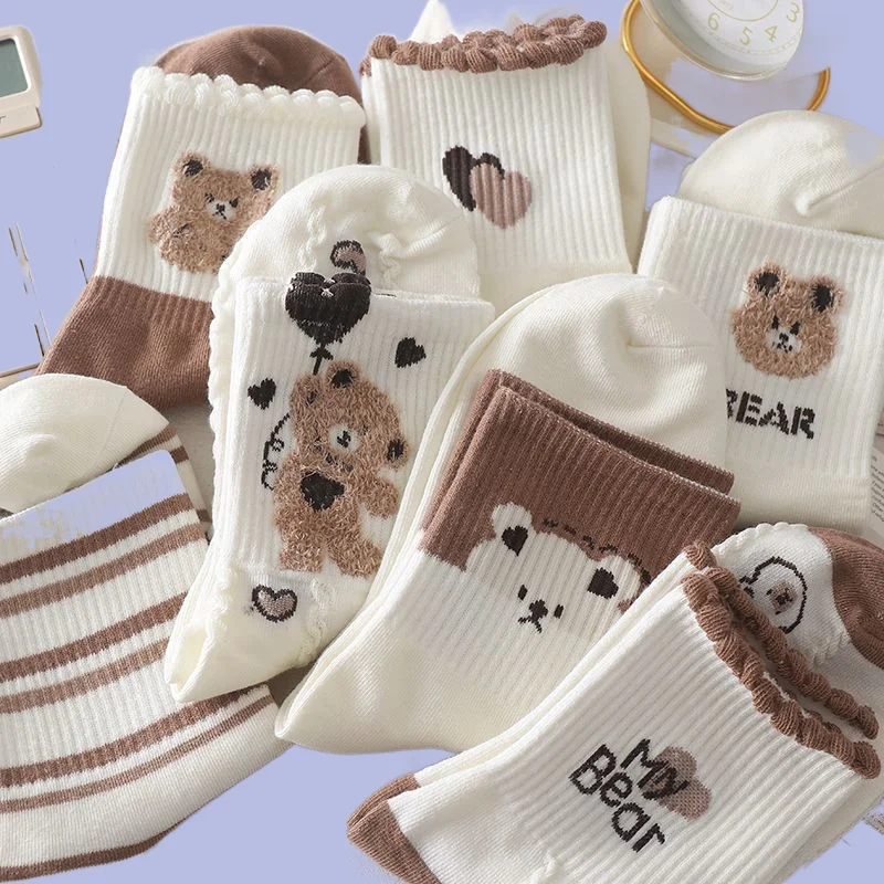 7/14 Pairs 2024 New Women's Middle-Tube Cotton Comfortable Socks Cute Student Sports Autumn And Winter Socks Brown Bear Socks