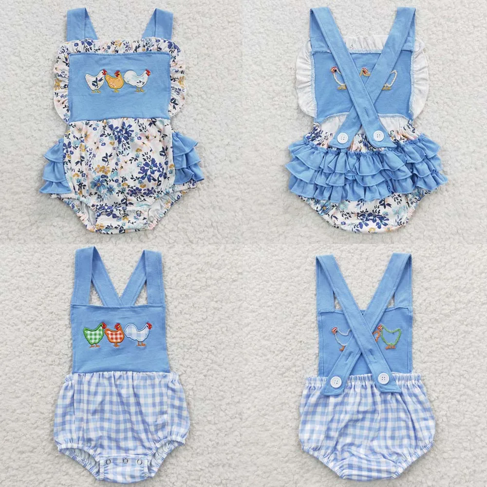 

Wholesale Newborn Embroidery Chicken Romper Floral Blue Jumpsuit Toddler Kid Children Summer Matching Baby Boy Girl One-piece