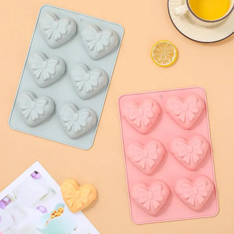 6 Cavities Heart Bow Shape Silicone Baking Mold Love Chocolate Candy Biscuit Ice Mould Cute Gifts Soap Candle Making Set