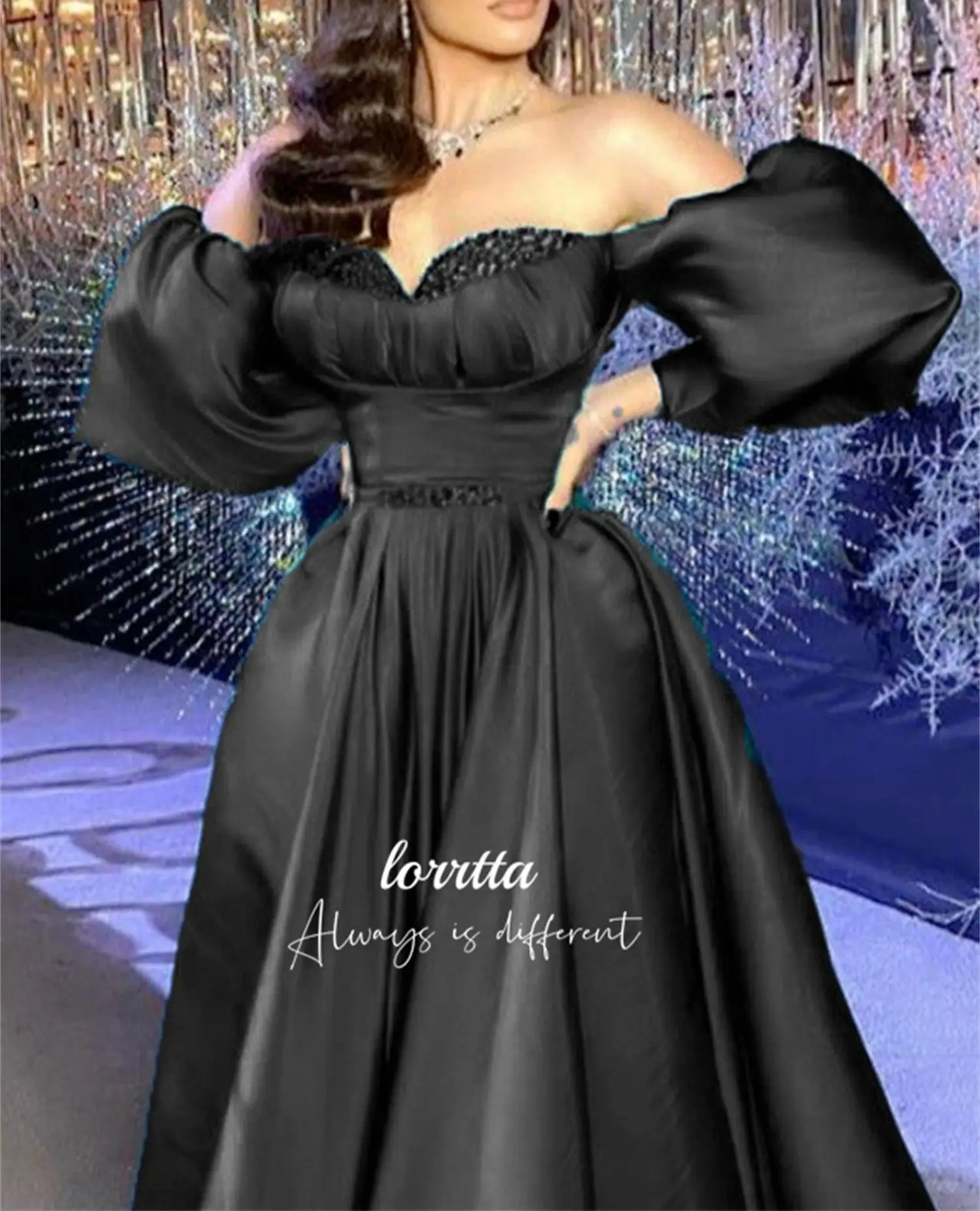 Lorrtta Beaded Decoration Evening Dress Line A Puff Sleeves Satin Black Dresses for Dancing Parties Ball Gowns Party