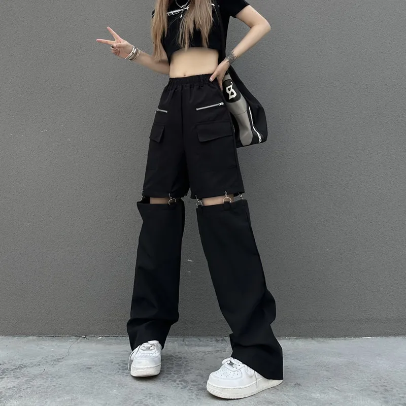 American Retro Loose Black Work Pants Women Summer 2023 Spring Autumn Detachable Casual Straight Floor-Length Trousers