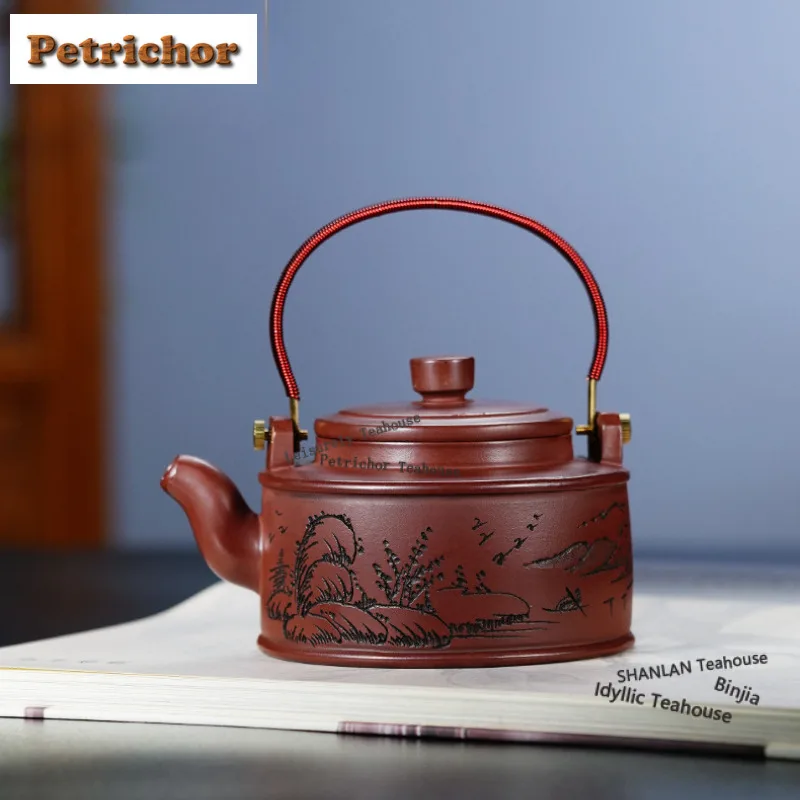 300ml Yixing Purple Clay Teapots Handmade De Bell Loop-handled Pot Di Cao Qing Kettle Zisha Teaset Teaware Items Decoration