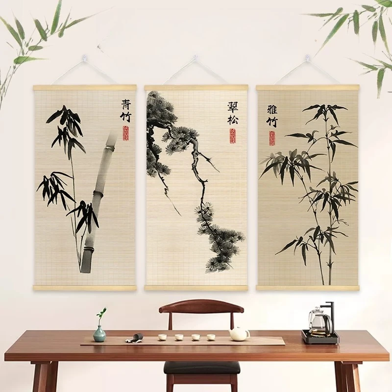 Wall Art Bamboo Scroll Ink Wash Pine Mountain Paintings Wabi Sabi Aesthetic for Living Room Hallway Zen Sanctuary Slow Living