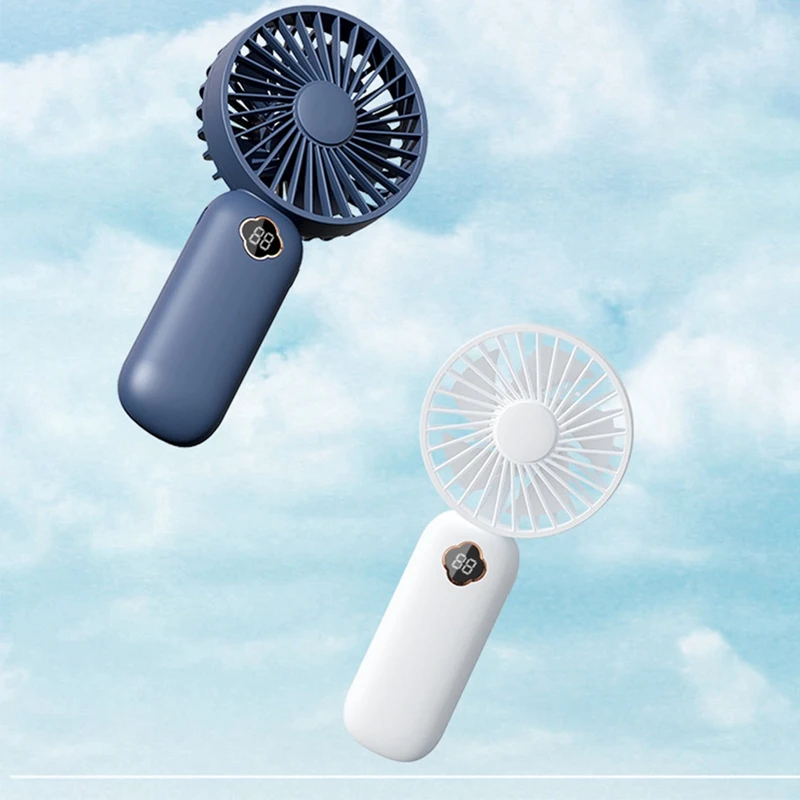พัดลม USB ขนาดเล็กแบบพกพาพัดลมแบบมือถือชาร์จไฟได้จอแสดงผลดิจิตอลพัดลมระบายอากาศสำหรับสำนักงานบ้านกลางแจ้ง-สีขาว