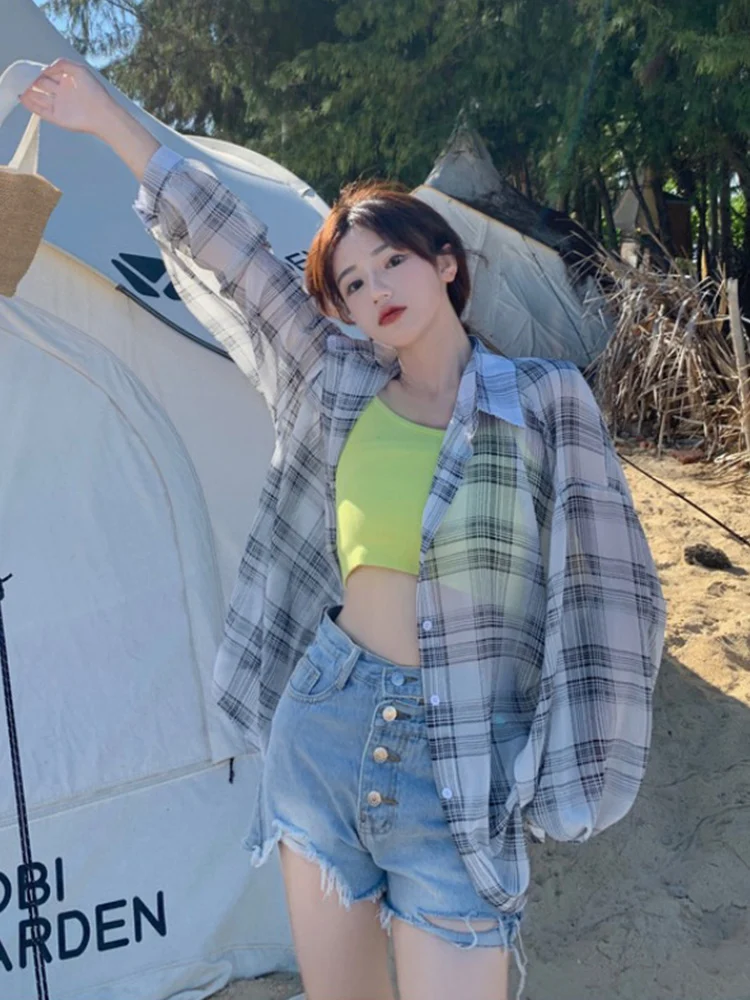 Summer Lightweight Ice Silk Plaid Shirt Jacket Women's Loose Shoulder Shaped Cover up Open Cardigan Casual Style Regular Fit