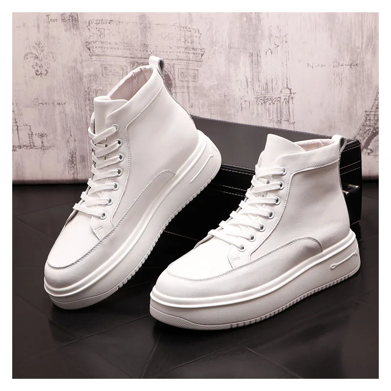 Korean style mens casual platform boots genuine leather flats shoes lace-up cowboy ankle boot white silver short botas masculina