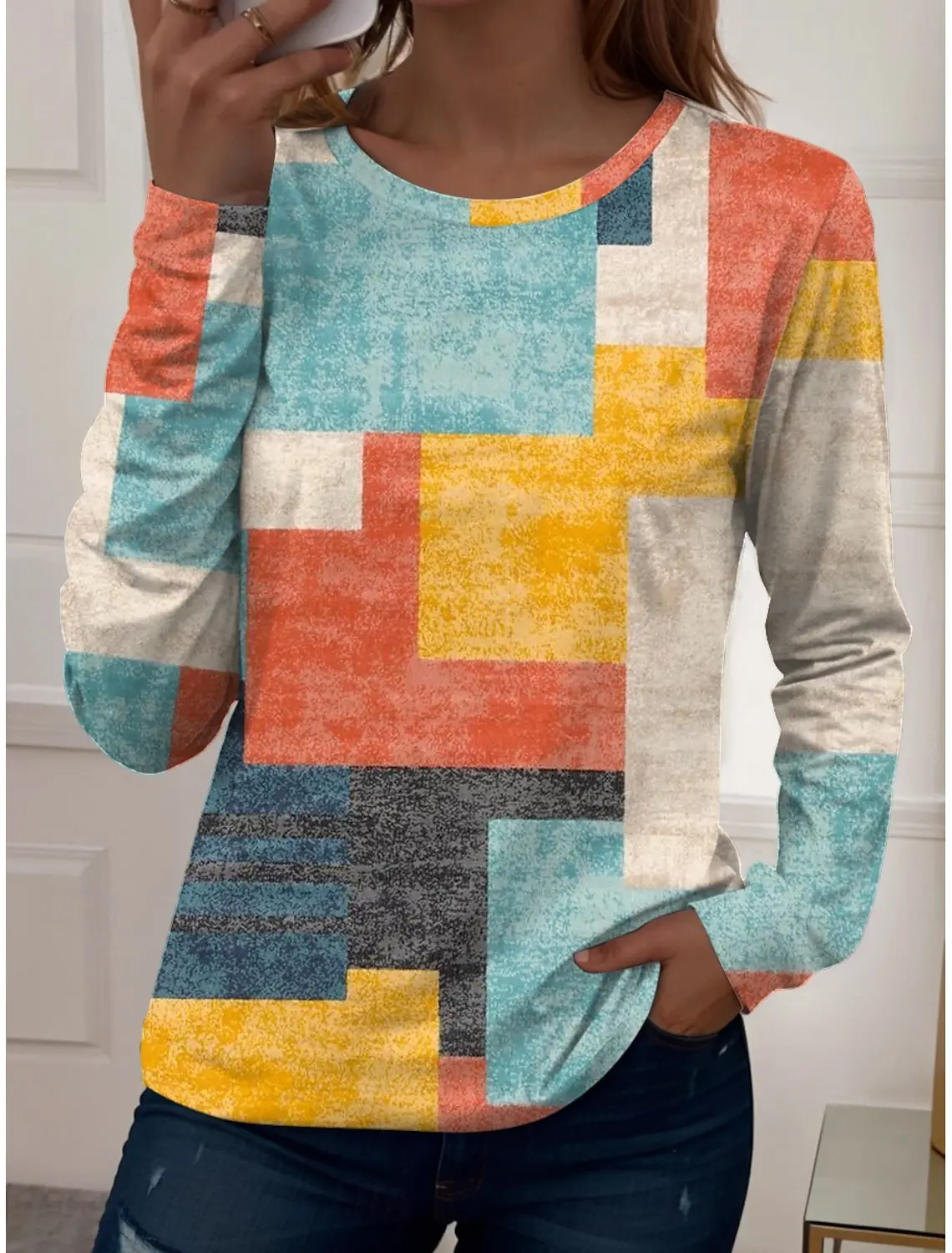 

Женские футболки с рисунком и геометрическим рисунком, модные стильные футболки с длинными рукавами, обычные топы с круглым вырезом, летний повседневный пуловер