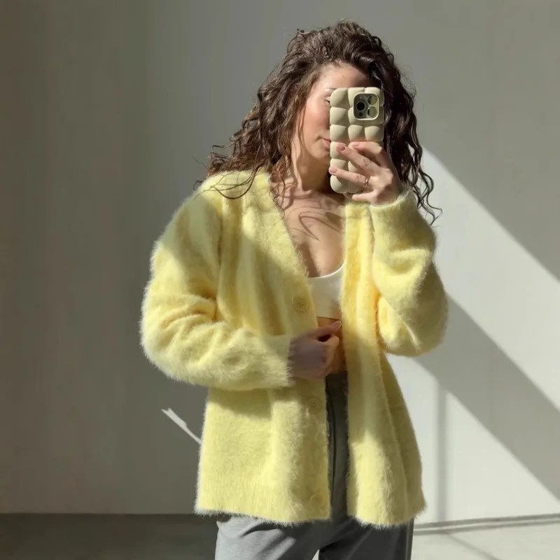 

Trendy Cozyfit Fuzzy Cardigan Women's 2025 Autumn Stylish Yellow Coloful Soft Warm Fluffy Knitwear Ideal For Casual＆Daily Outfit