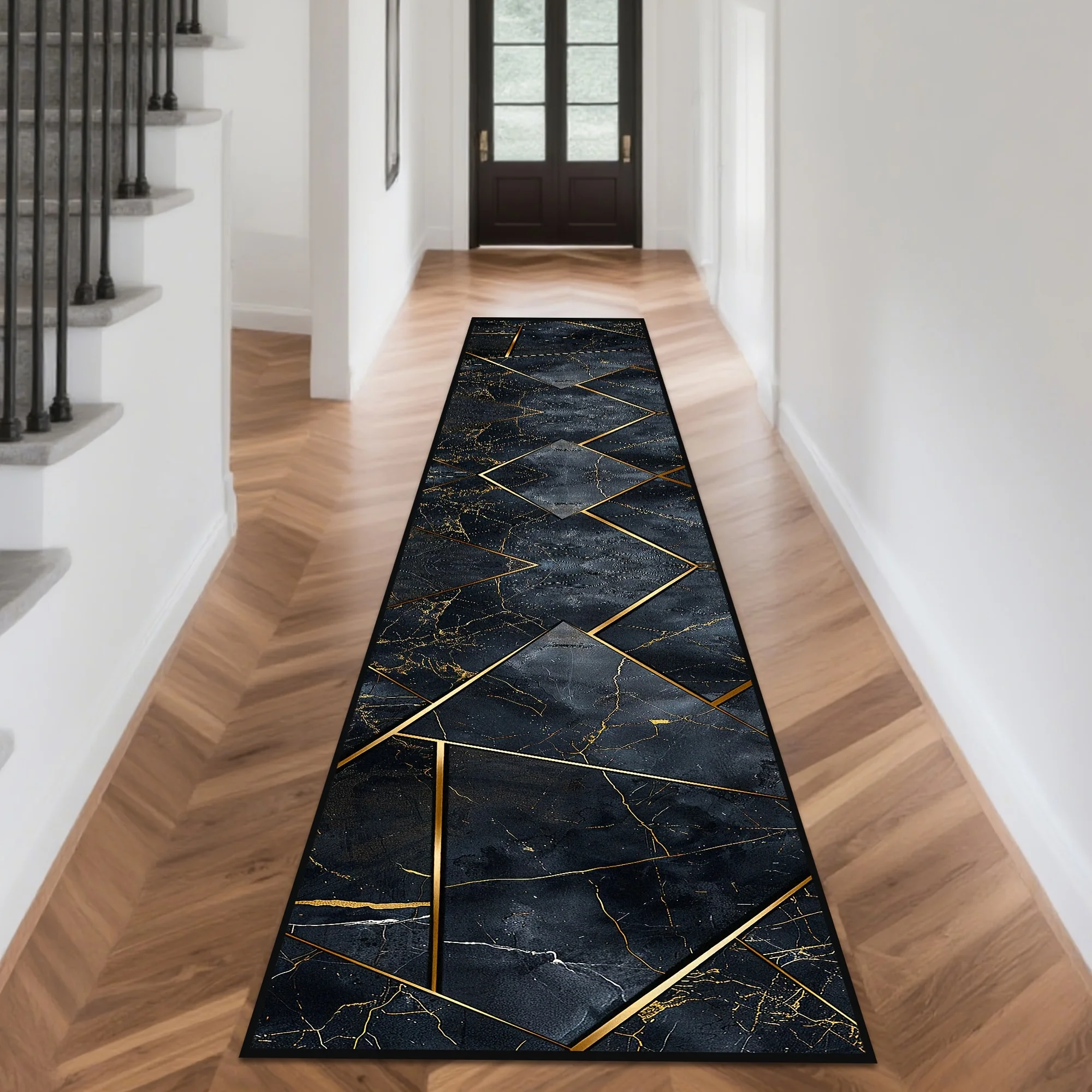 VIKAMA Light Luxury Black Gold Geometric Marble Long Carpet Modern Simple Corridor Floor Mat Entrance Foot Mat