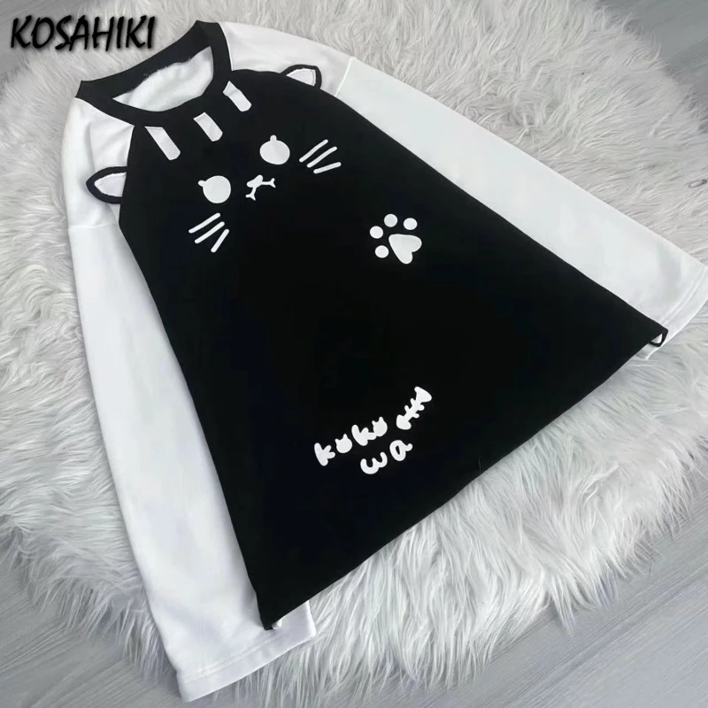 Japanese Harajuku Cartoon Cat Print Tshirts Women Kawaii Y2k Aesthetic Patchwork Tees Sweet Loose Camisetas T-Shirt Graphic Tops