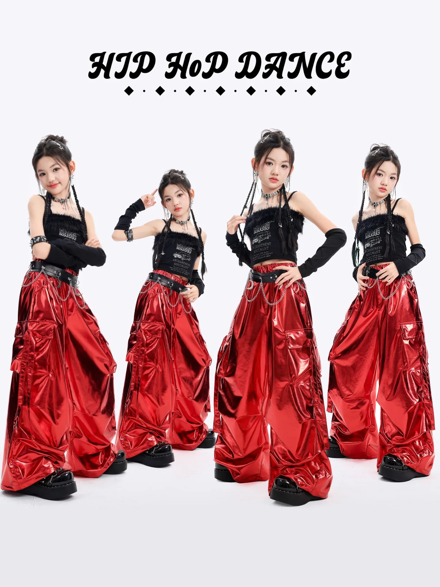 2026 Summer Hip Hop Girls Jazz Dance Costume Black Short Vest Red Leather Pants Baggy Street Dancewear Concert Stage Wear L19733