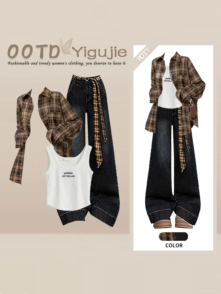 Women's Plaid Long Sleeve Shirt Top Denim Letter Vest Wide Leg Jeans Three Piece Set Autumn Fashion Ensemble Casual Chic