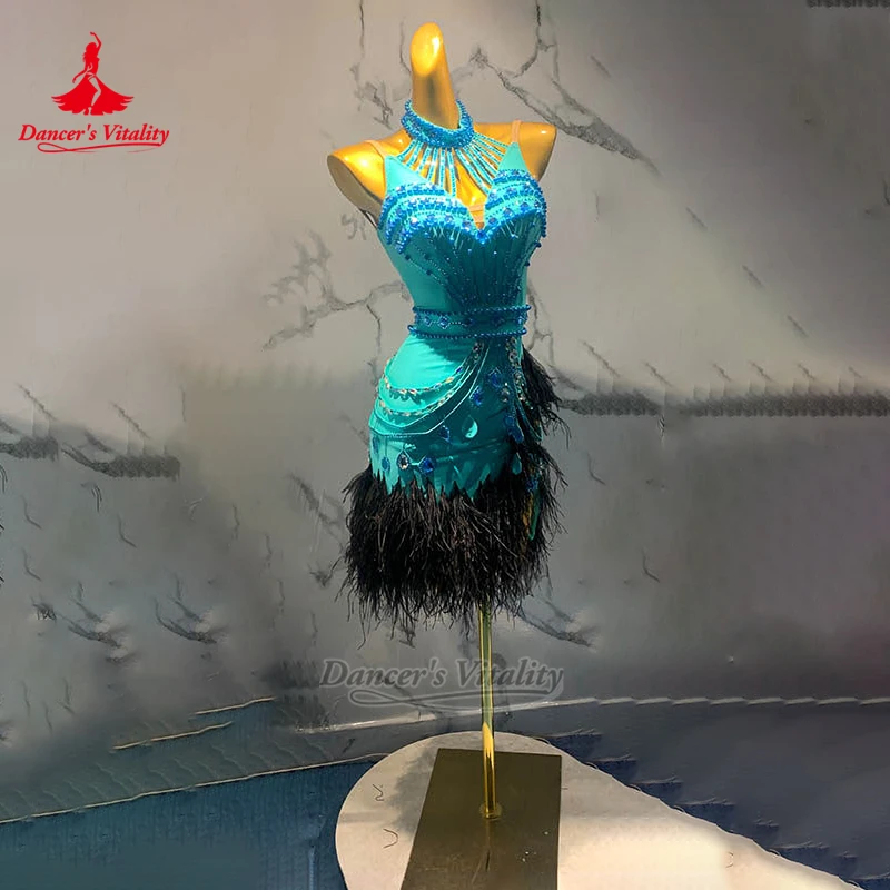 Jive Chacha Samba Feather Lower Hem Wrapped Hips Dresses Customized Dancer's Vitality Women Adult Latin Dance High-neck Clothing