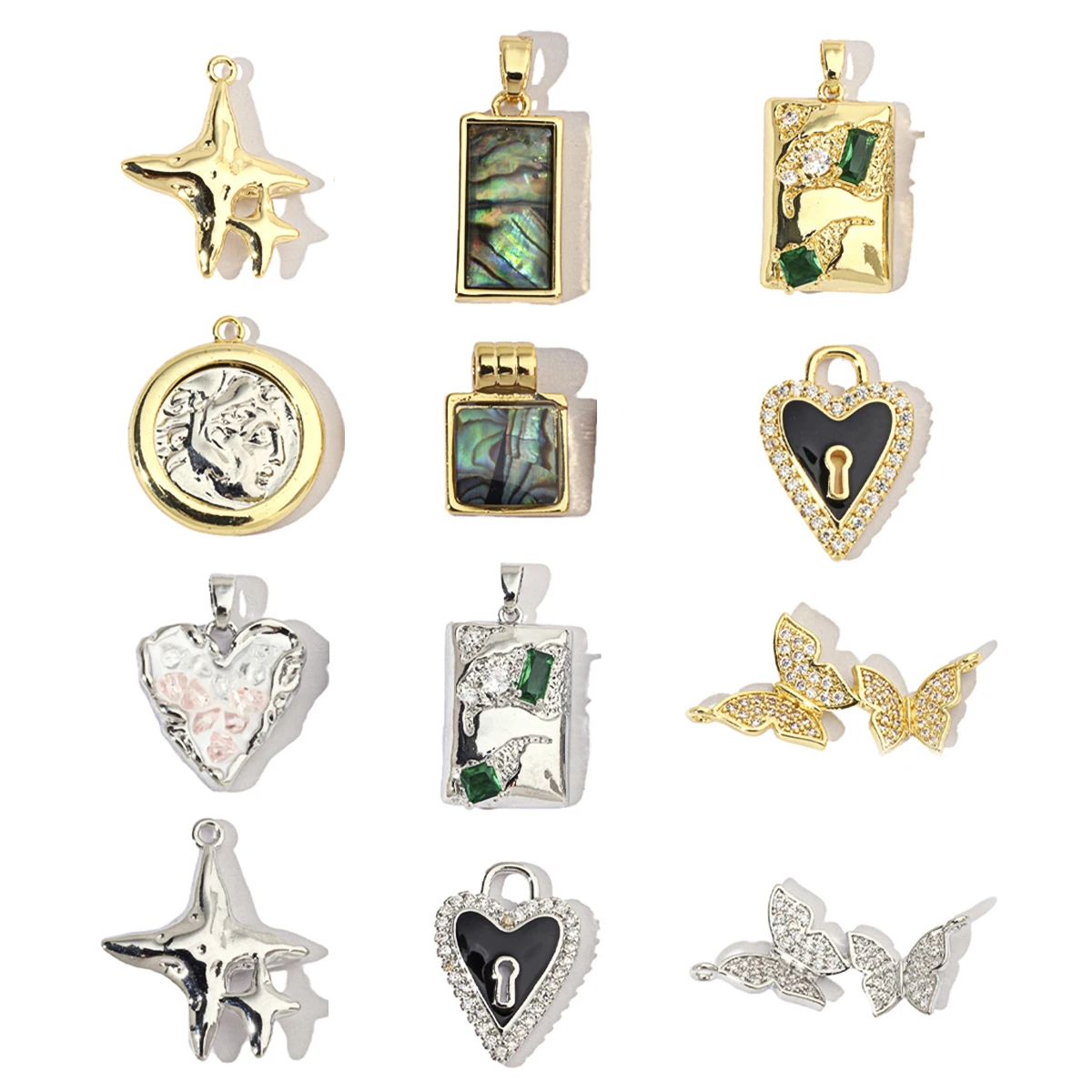 Vinstar 18k Gold Color Copper Butterfly Star Pendant Wholesale Abalone Shell Heart Lock DIY Charms For Necklace Making