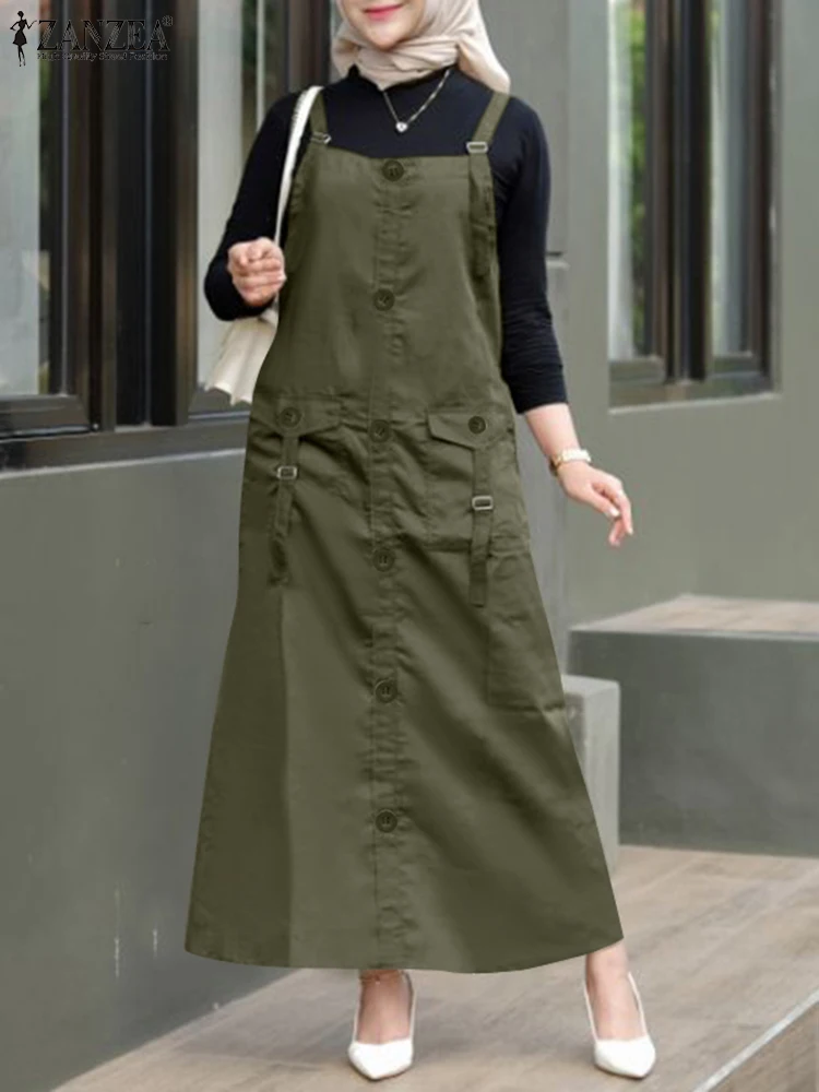 Summer Spaghetti Strap Solid Cargo Dress 2024 ZANZEA Women Fashion Overalls Dresses Casual Muslim Dubai Abaya Hijab Sundress