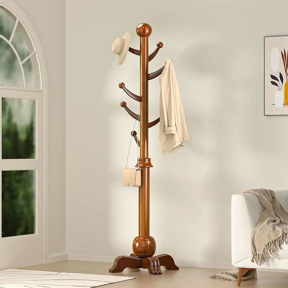 

Hall Tree, Freestanding Wood Tree Ra With 7 Hooks, Coat Ra With Stable Sphere Base, Wooden Coat Ra Stand, Load 210 Lb, For