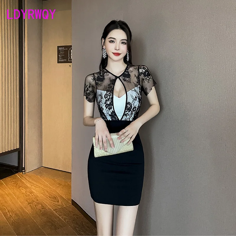 Sexy lace patchwork hip hugging women's short skirt temperament revealing vest machine women's nightclubs tight fitting dress