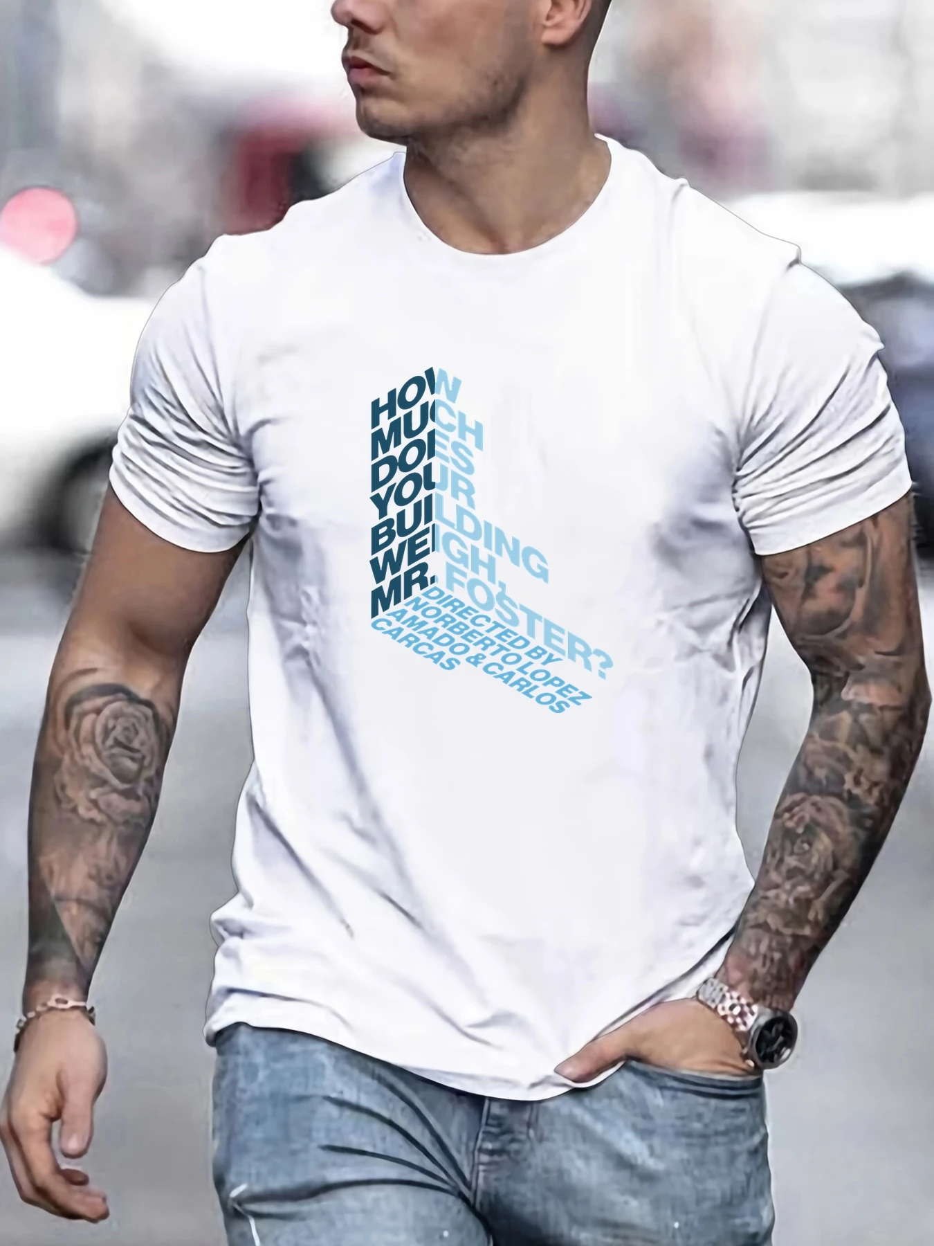 

Men's Pure Cotton T-Shirt Short Sleeve Crew Neck with Mr.Foster Building Graphic Lightweight Comfortable Architectural Daily Tee