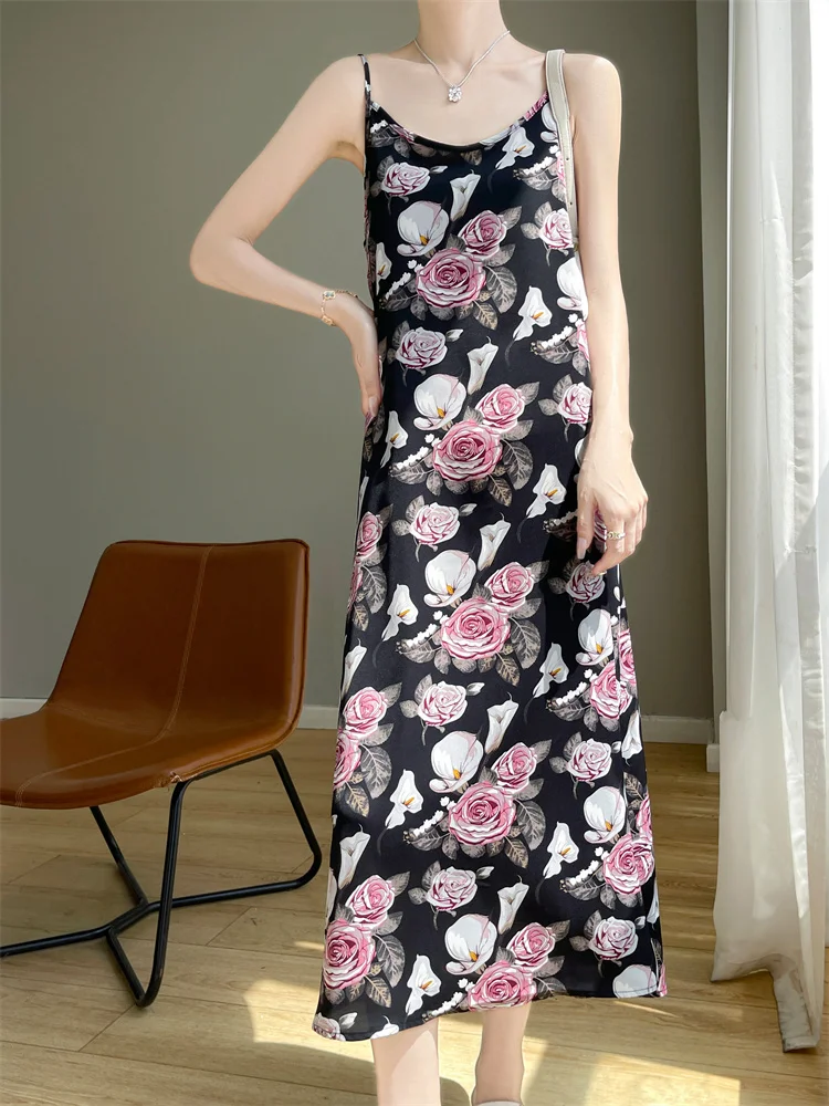 Damen Urlaubsdruck Acetat Satin A-Linie Dr Sommer Blumen Csole Midirock V-Ne Svel Casual Ele Sle